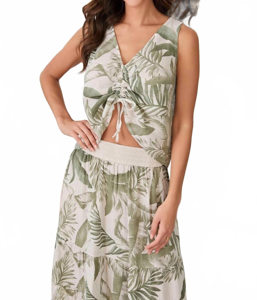 NEW MILIO MILANO print v-neck ruched front linen crop top in beige/ army green